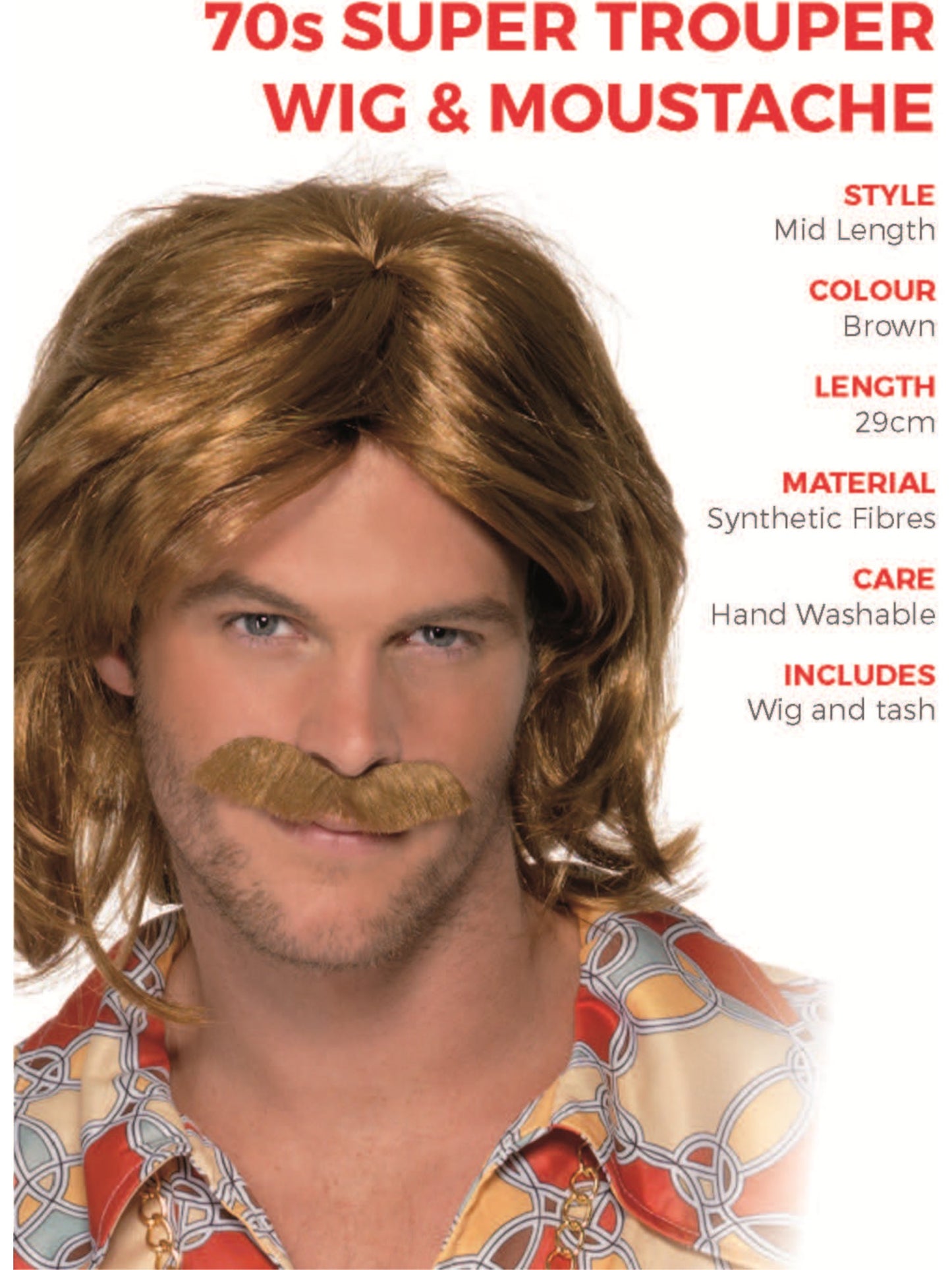 70s Super Trouper Wig & Moustache, Brown Wholesale