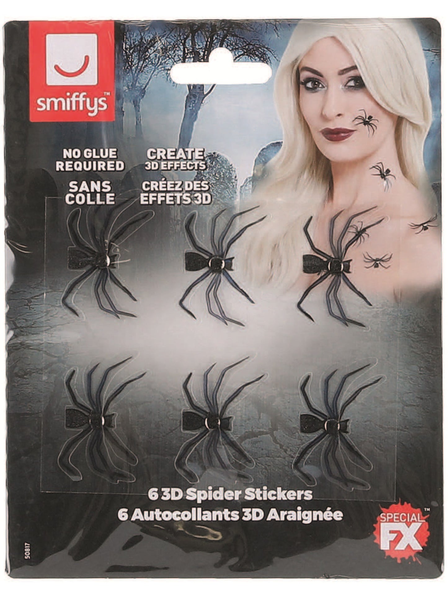 Smiffys Make-Up FX, 3D Spider Stickers, Black Wholesale