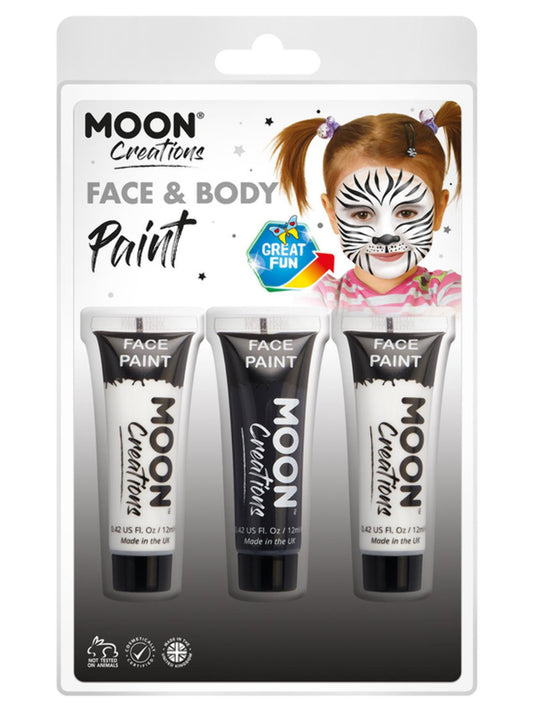 Moon Creations Face & Body Paint, 12ml Clamshell, Monochrome - White, Black, White