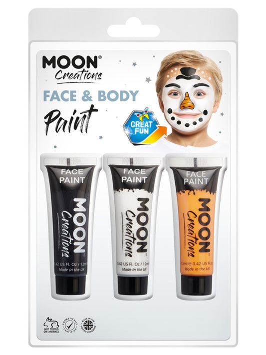 Moon Creations Face & Body Paint, 12ml Clamshell, Snowman - White, Black, Orange