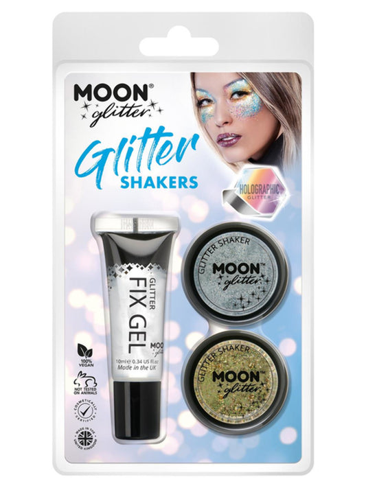 Moon Glitter Holographic Glitter Shakers, Clamshell, 5g - Fix Gel, Silver, Gold