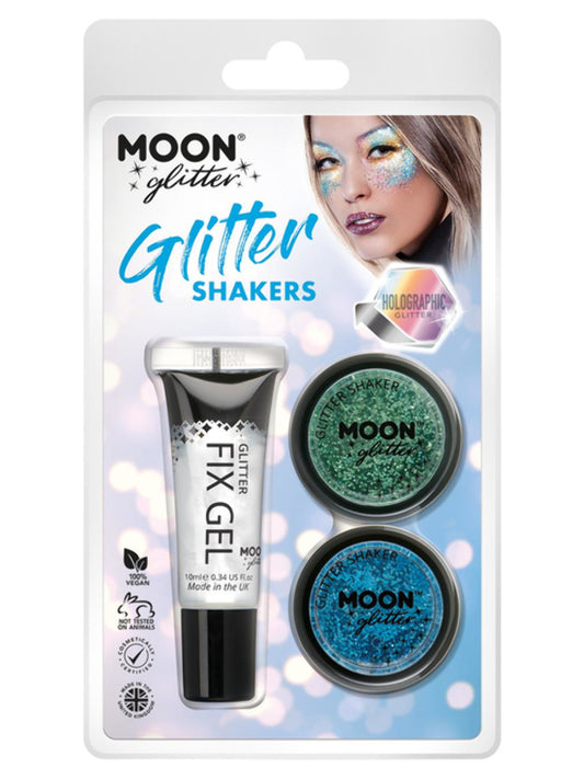 Moon Glitter Holographic Glitter Shakers, Assorted, Clamshell, 5g - Fix Gel, Green, Blue