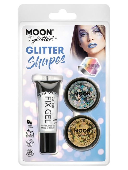 Moon Glitter Holographic Glitter Shapes, Clamshell, 3g - Fix Gel, Silver, Gold