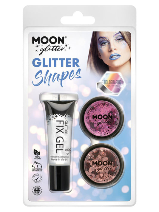 Moon Glitter Holographic Glitter Shapes, Clamshell, 3g - Fix Gel, Pink, Rose Gold