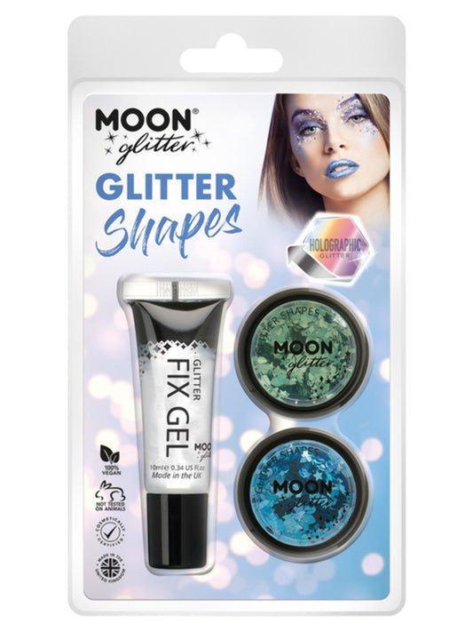 Moon Glitter Holographic Glitter Shapes, Clamshell, 3g - Fix Gel, Green, Blue