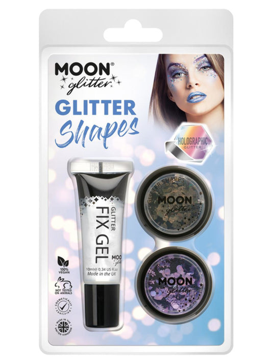 Moon Glitter Holographic Glitter Shapes, Clamshell, 3g - Fix Gel, Black, Purple