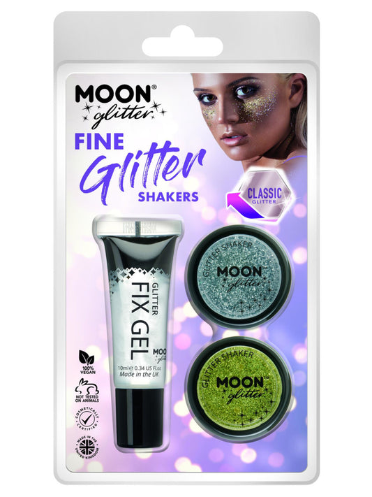 Moon Glitter Classic Fine Glitter Shakers, Clamshell, 5g - Fix Gel, Silver, Gold