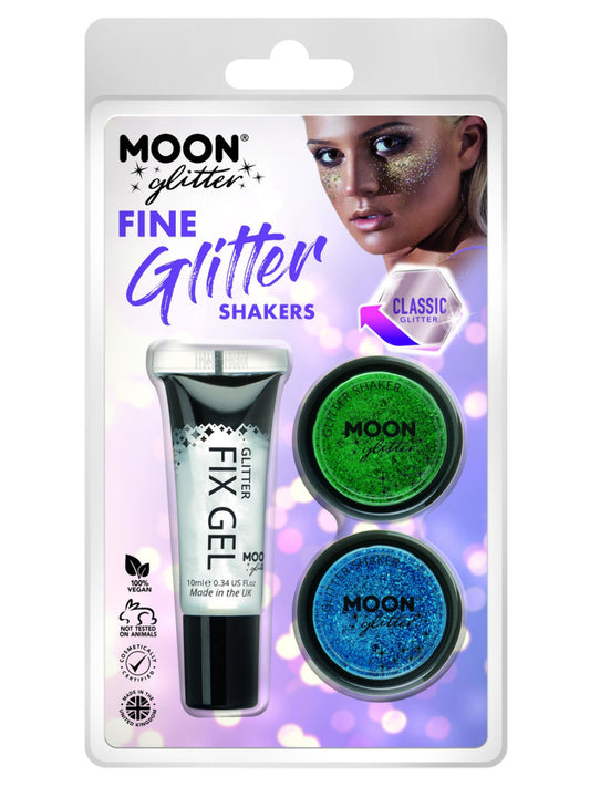 Moon Glitter Classic Fine Glitter Shakers, Clamshell, 5g - Fix Gel, Green, Blue