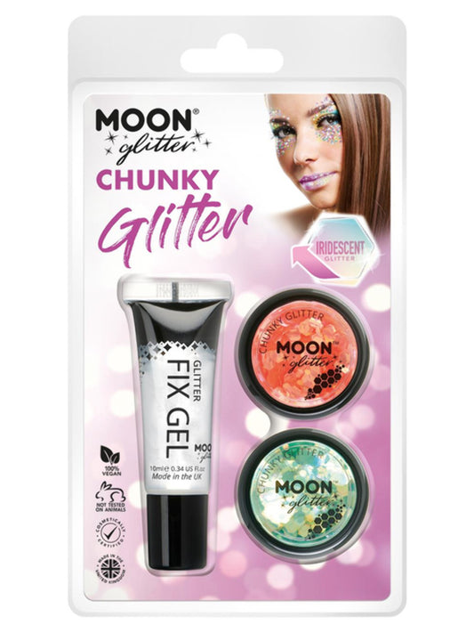 Moon Glitter Iridescent Chunky Glitter, Clamshell, 3g - Fix Gel, Orange, Green
