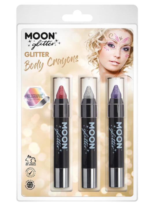 Moon Glitter Holographic Body Crayons, Clamshell, 3.2g - Red, Silver, Purple