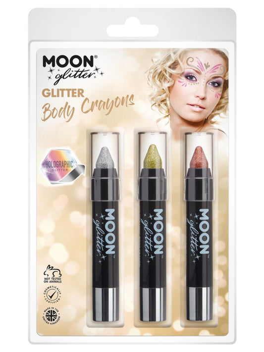 Moon Glitter Holographic Body Crayons, Clamshell, 3.2g - Silver, Gold, Rose Gold