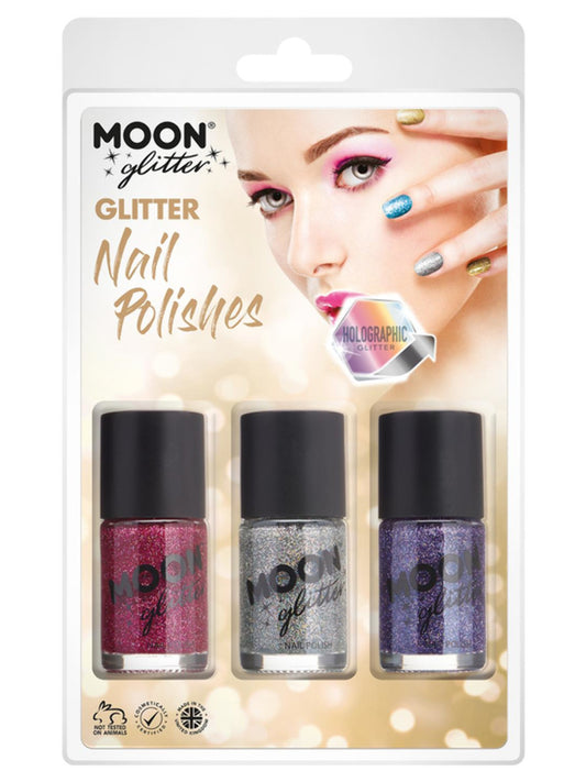 Moon Glitter Holographic Nail Polish, Clamshell, 14ml - Fuchsia, Silver, Purple
