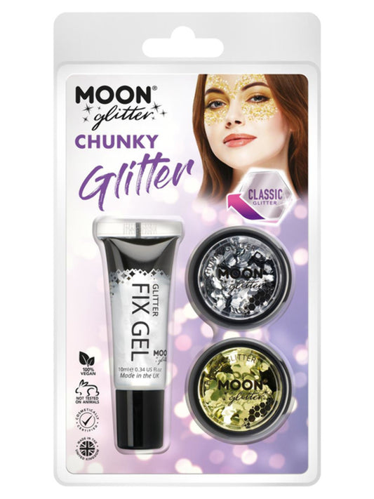 Moon Glitter Classic Chunky Glitter, Clamshell, 3g - Fix Gel, Silver, Gold