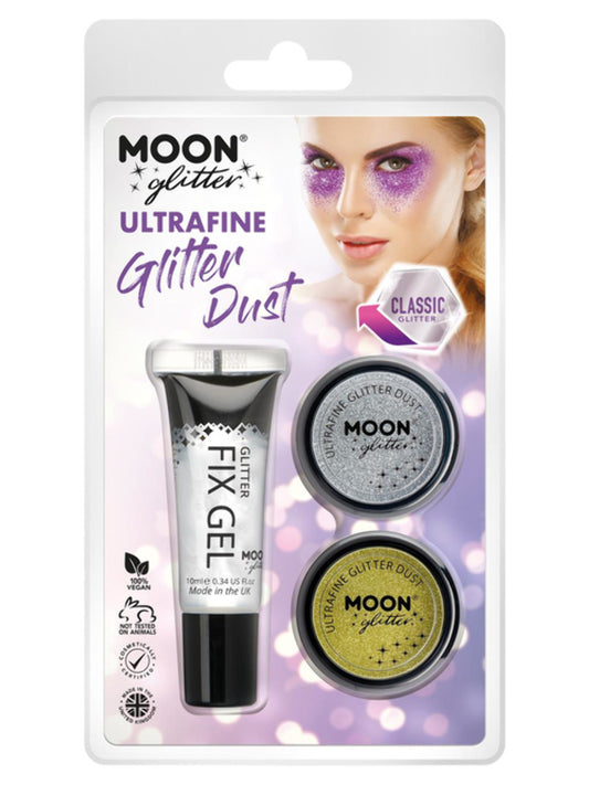 Moon Glitter Classic Ultrafine Glitter Dust, Clamshell, 5g - Fix Gel, Silver, Gold