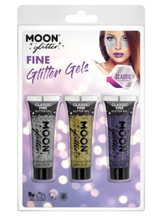 Moon Glitter Classic Fine Glitter Gel, Clamshell, 12ml - Silver, Gold, Lavender