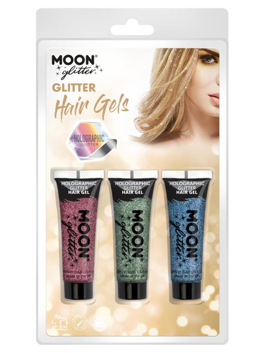 Moon Glitter Holographic Glitter Hair Gel, Clamshell, 20ml - Pink, Green, Blue