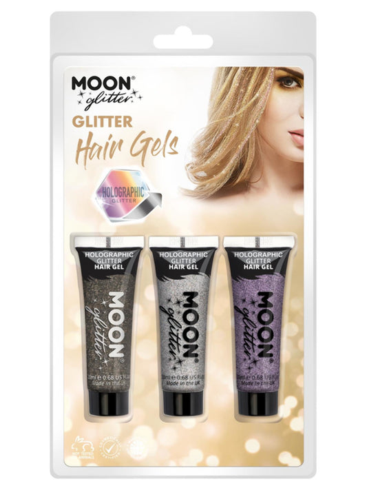Moon Glitter Holographic Glitter Hair Gel, Clamshell, 20ml - Black, Silver, Purple