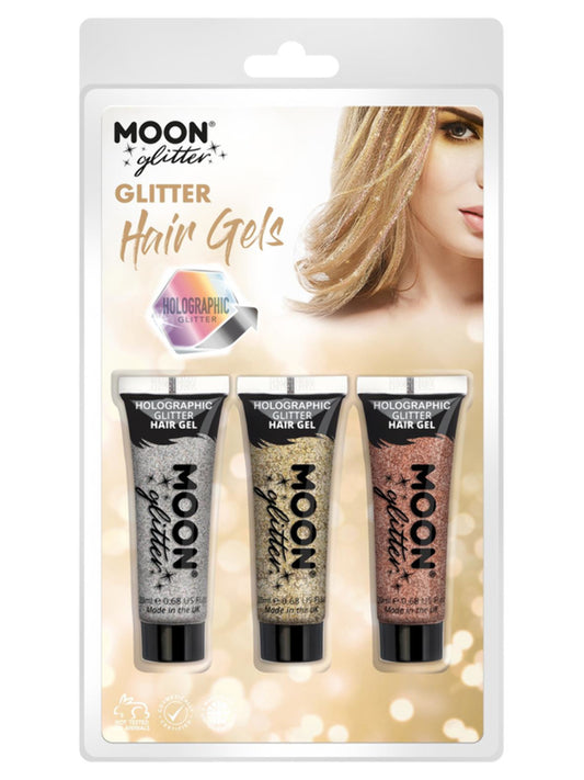 Moon Glitter Holographic Glitter Hair Gel, Clamshell, 20ml - Silver, Gold, Rose Gold