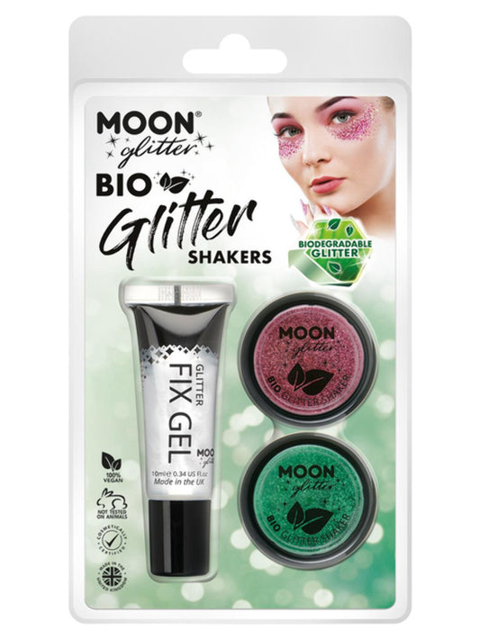 Moon Glitter Bio Glitter Shakers, Clamshell, 5g - Fix Gel, Pink, Green