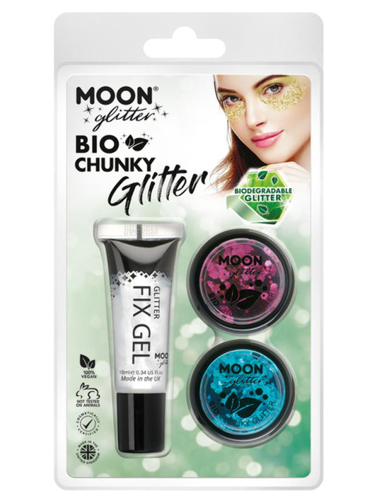Moon Glitter Bio Chunky Glitter, Clamshell, 3g - Fix Gel, Dark Rose, Blue