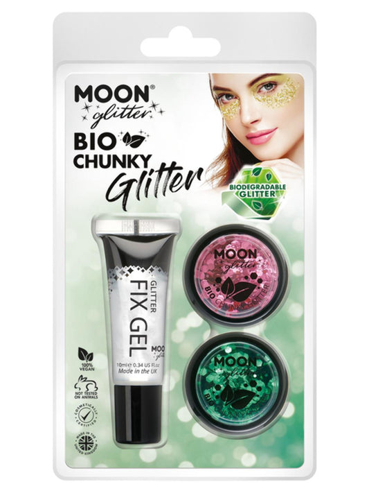 Moon Glitter Bio Chunky Glitter, Clamshell, 3g - Fix Gel, Pink, Green