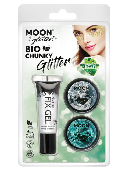 Moon Glitter Bio Chunky Glitter, Clamshell, 3g - Fix Gel, Silver, Turquoise