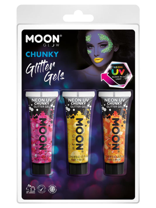 Moon Glow - Neon UV Chunky Glitter Gel, 12ml Clamshell - Magenta, Yellow, Orange