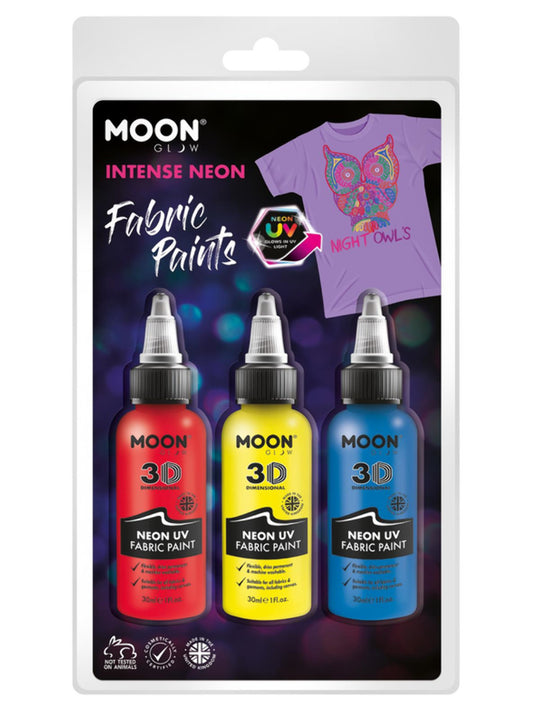 Moon Glow - Neon UV Intense Fabric Paint, 30ml Clamshell - Red, Yellow, Blue