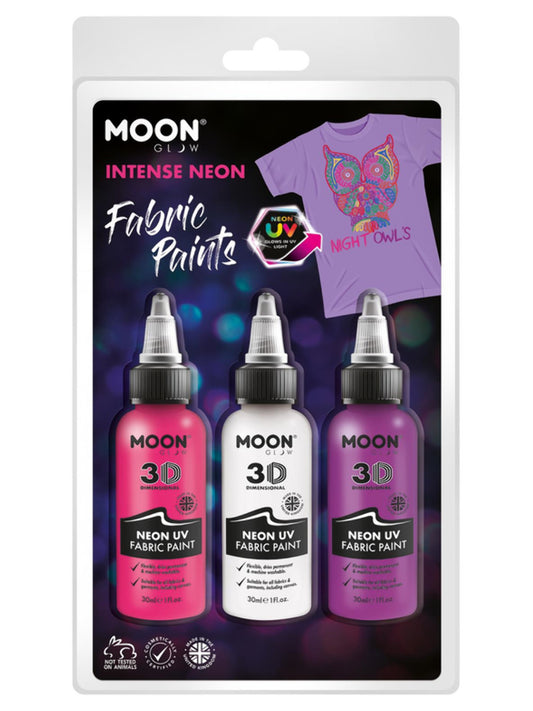 Moon Glow - Neon UV Intense Fabric Paint, 30ml Clamshell - Pink, White, Purple