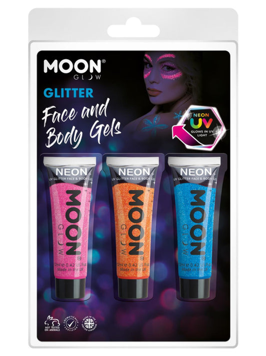 Moon Glow Neon UV Fine Glitter Gel, Clamshell, 12ml, Hot Pink, Orange, Blue