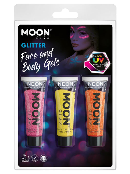 Moon Glow Neon UV Fine Glitter Gel, Clamshell, 12ml - Ruby Pink, Golden Yellow, Orange