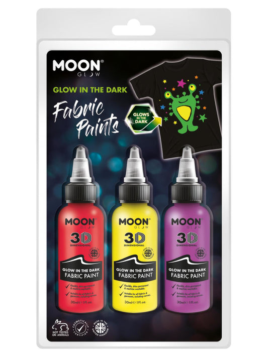 Moon Glow - Glow in the Dark Fabric Paint, 30ml Clamshell - Red, Yellow, Purple