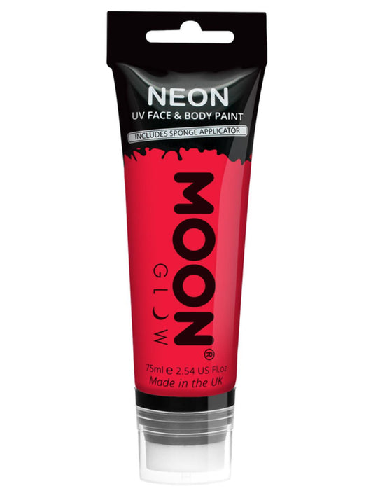 Moon Glow Supersize Intense Neon UV Face Paint, Single, with Sponge Applicator, 75ml - Intense Red