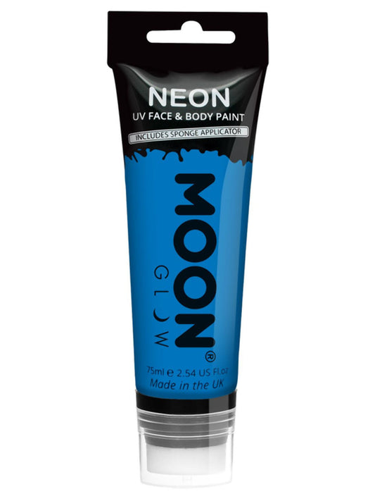 Moon Glow Supersize Intense Neon UV Face Paint, Single, with Sponge Applicator, 75ml - Intense Blu