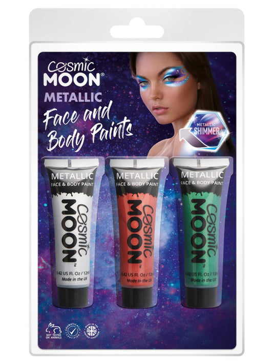 Cosmic Moon Metallic Face & Body Paint, Clamshell, 12ml - Silver, Red, Green