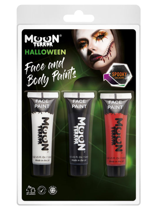 Moon Terror Halloween Face & Body Paint, Clamshell 12ml - White, Black, Red