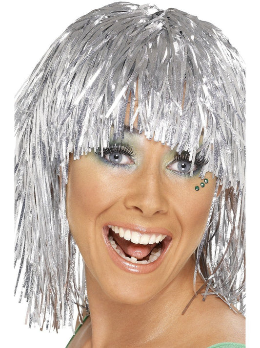 Cyber Tinsel Wig, Silver, Metallic Wholesale