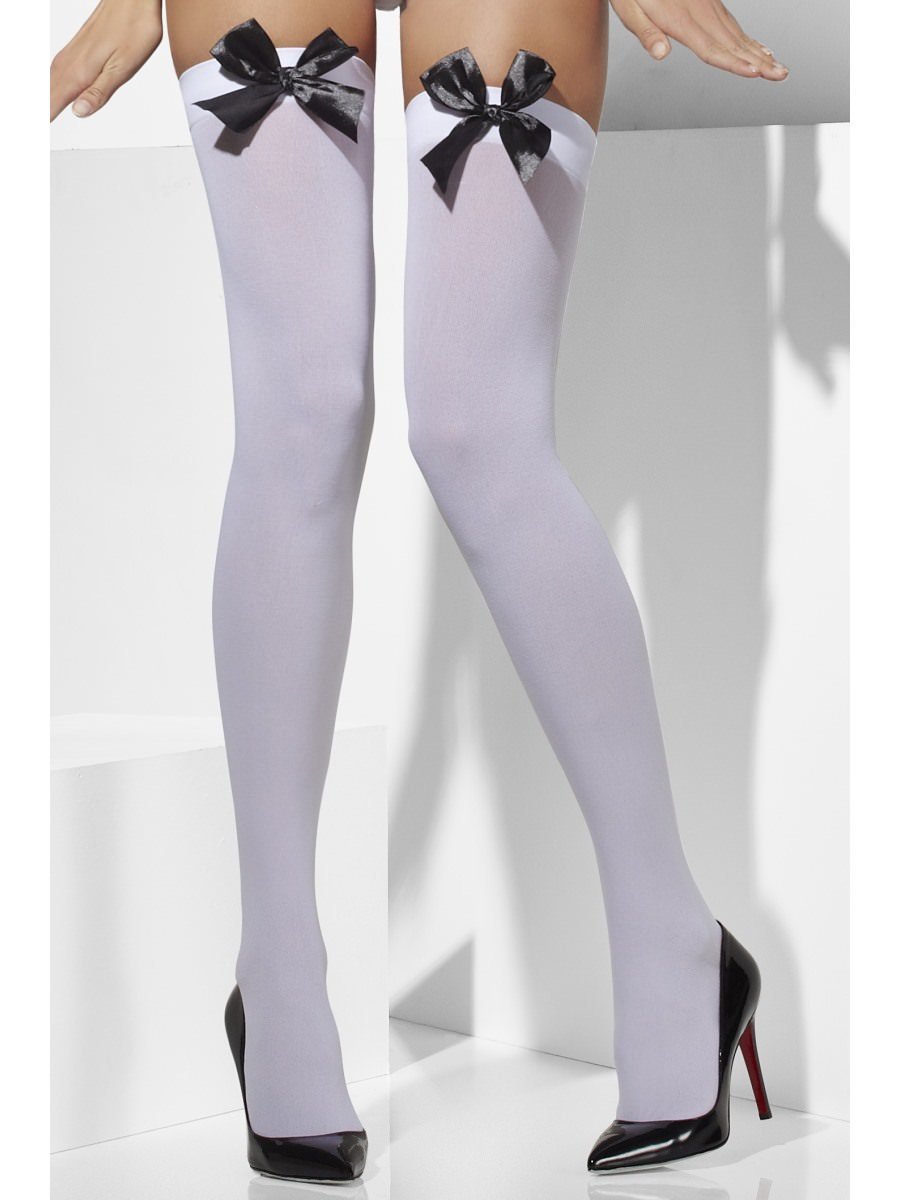 Opaque Hold-Ups, White, with Black Bows Wholesale