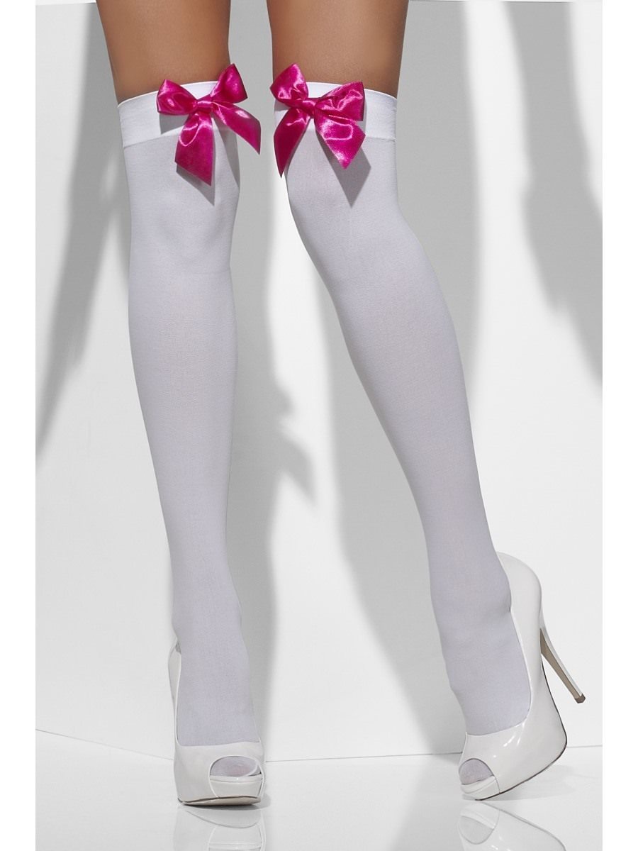 Opaque Hold-Ups, White, with Fuchsia Bows Wholesale