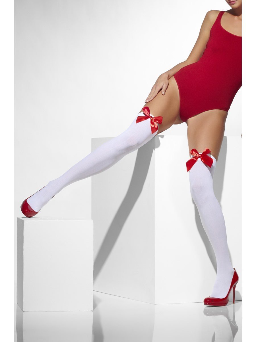 Opaque Hold-Ups, White, with Red Bows Wholesale