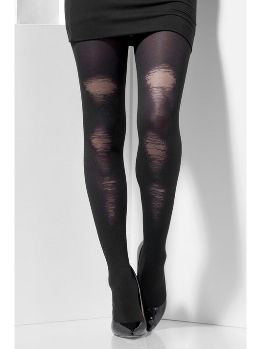 Opaque Tights, Black, with Distressed Detail Wholesale