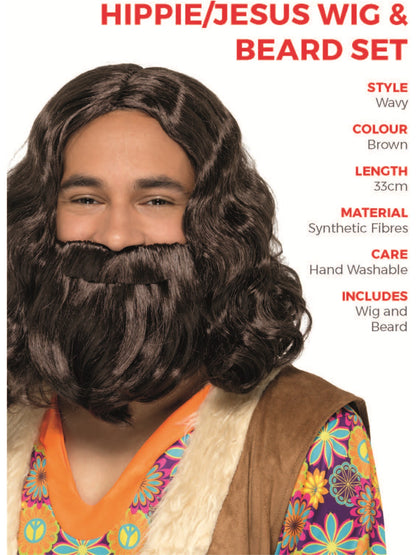 Hippie/Jesus Wig & Beard Set, Brown  Wholesale