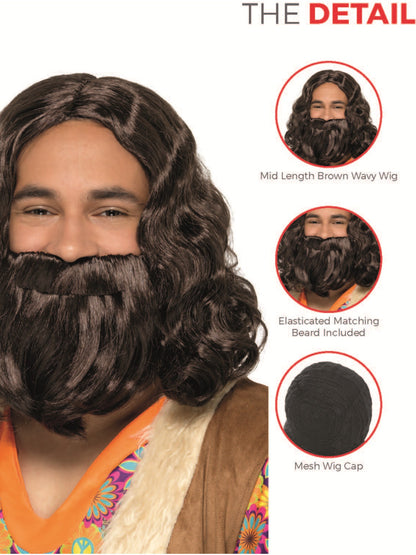 Hippie/Jesus Wig & Beard Set, Brown  Wholesale
