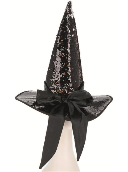 Deluxe Reversible Sequin Witch Hat, Black & Silver  Wholesale
