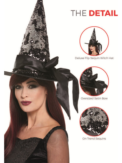 Deluxe Reversible Sequin Witch Hat, Black & Silver  Wholesale