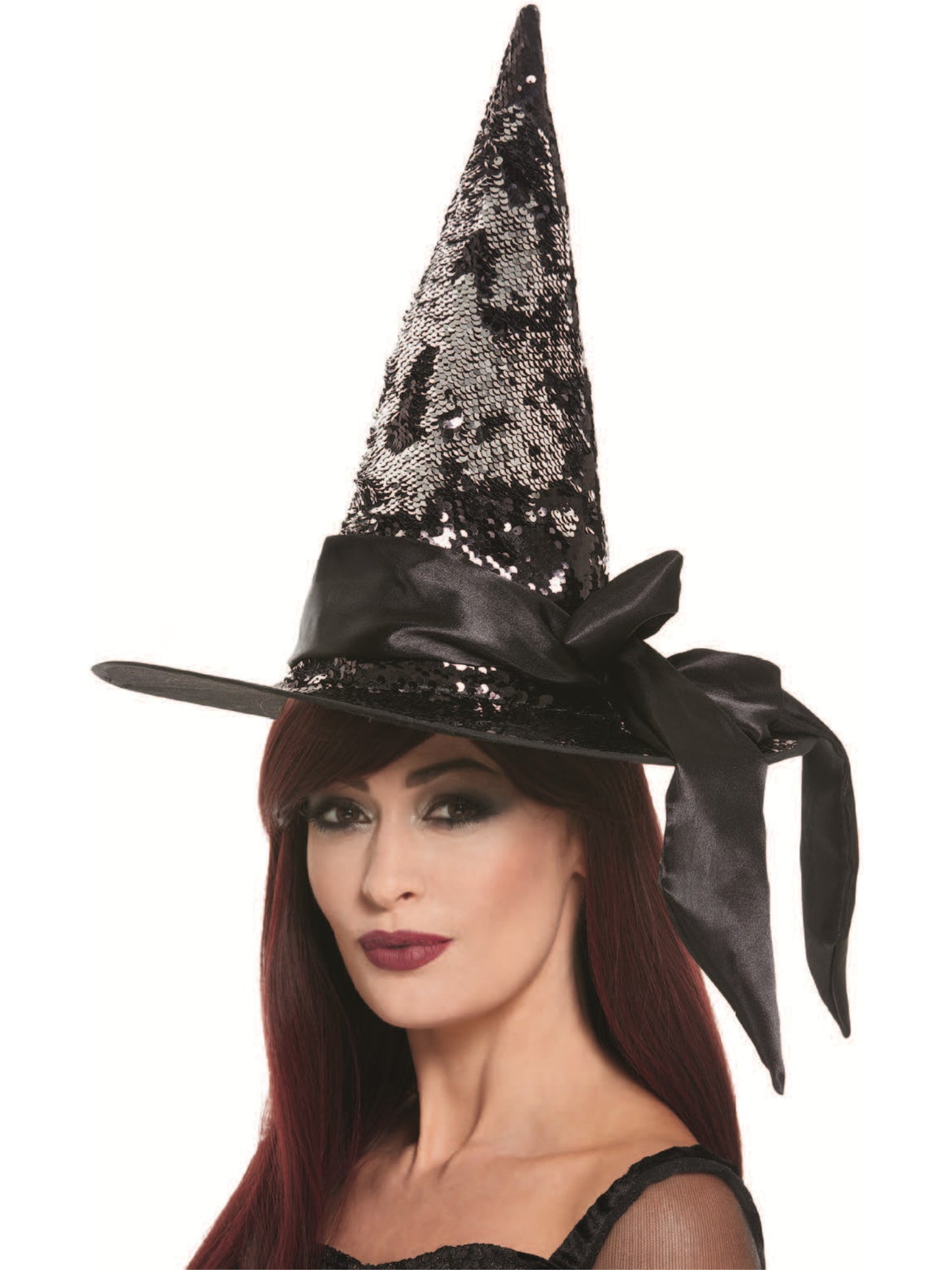 Deluxe Reversible Sequin Witch Hat, Black & Silver  Wholesale