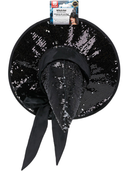 Deluxe Reversible Sequin Witch Hat, Black & Silver  Wholesale