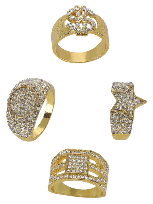 90s Gold & Diamond Bling Rings, 4Pk Wholesale
