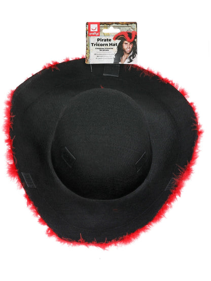 Pirate Tricorn Hat, Red Feather, Black  Wholesale