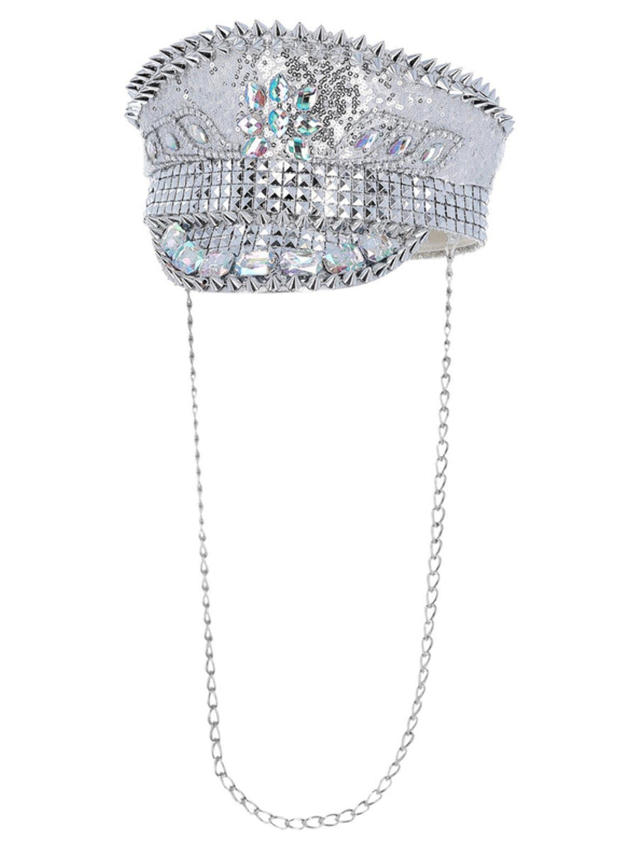 Fever Deluxe Sequin Studded Captains Hat, Silver Wholesale